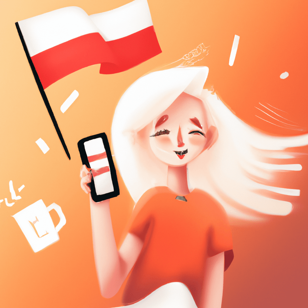 blonde girl, modern smartphone, red-white polland flags, modern design, for the web, cute, happy, 4k, high resolution, trending in artstation, Banner "ORANGE FLEX",