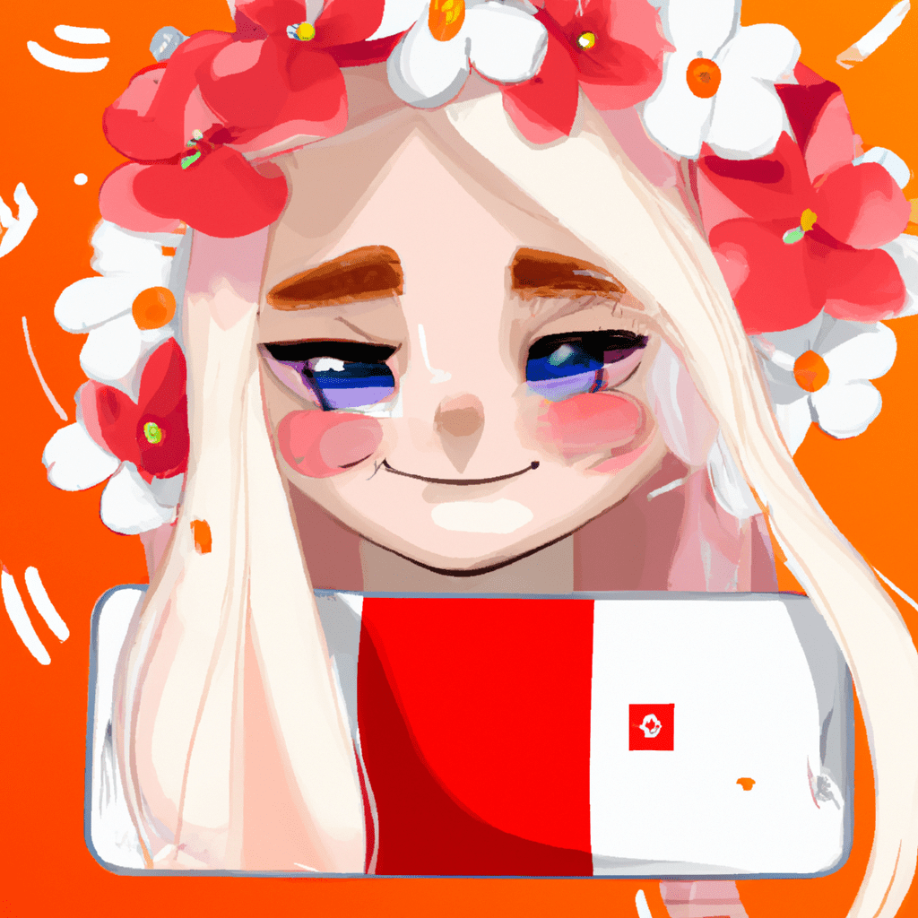 blonde girl, modern smartphone, red-white polland flags, modern design, for the web, cute, happy, 4k, high resolution, trending in artstation, Banner "ORANGE FLEX", big eyes, flowers in her head