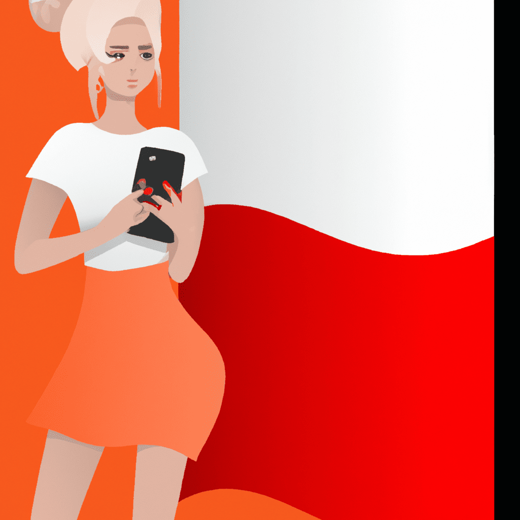 blonde girl, modern smartphone, red-white polland flags, modern design, for the web, cute, happy, 4k, high resolution, trending in artstation, Banner "ORANGE FLEX",