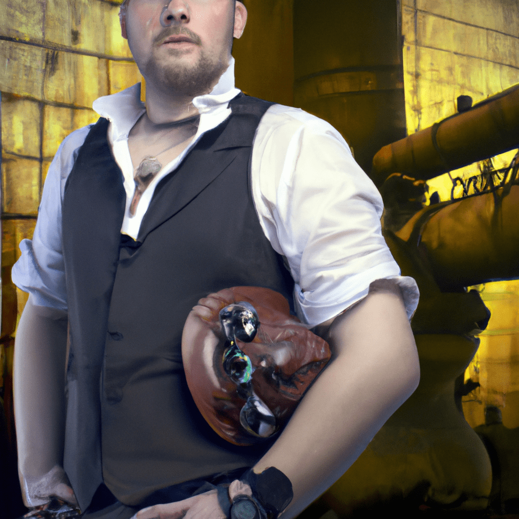 steampunk architecture, work tools, safety weared yong man,