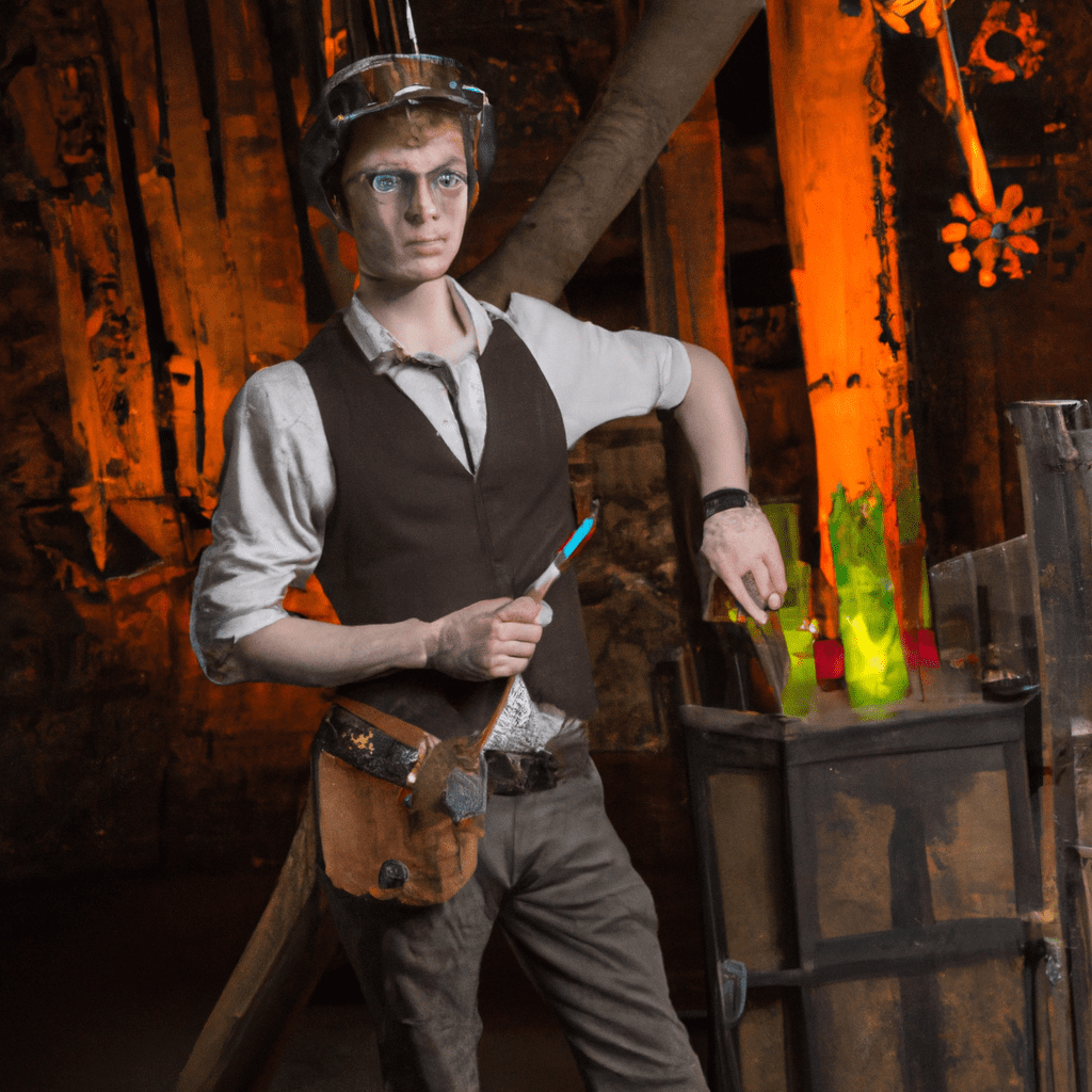 steampunk architecture, work tools, safety weared yong man,