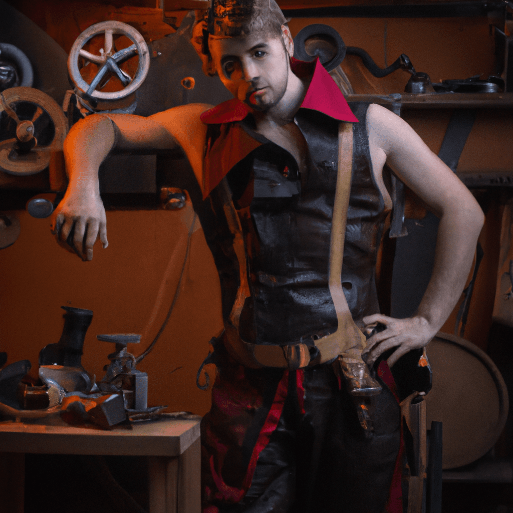 steampunk architecture, work tools, safety weared yong man,