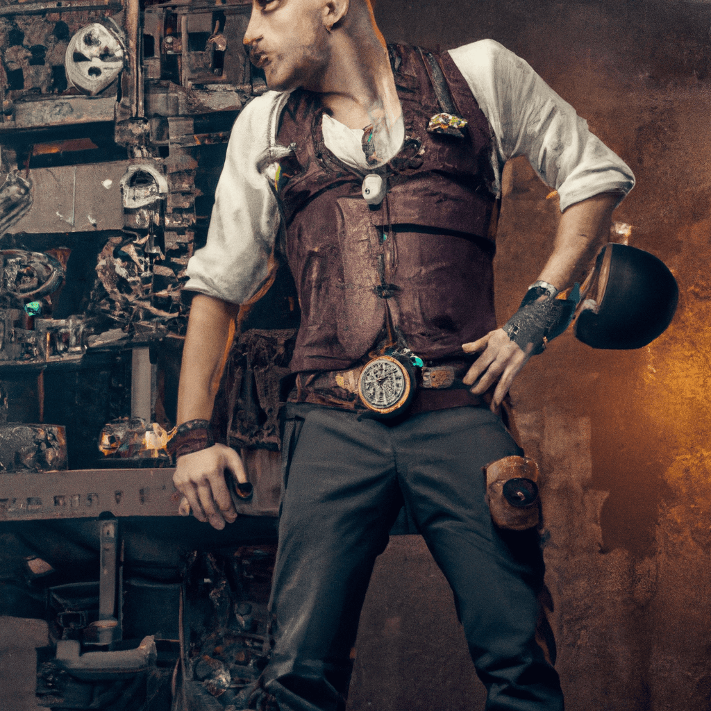 steampunk architecture, work tools, safety weared yong man,